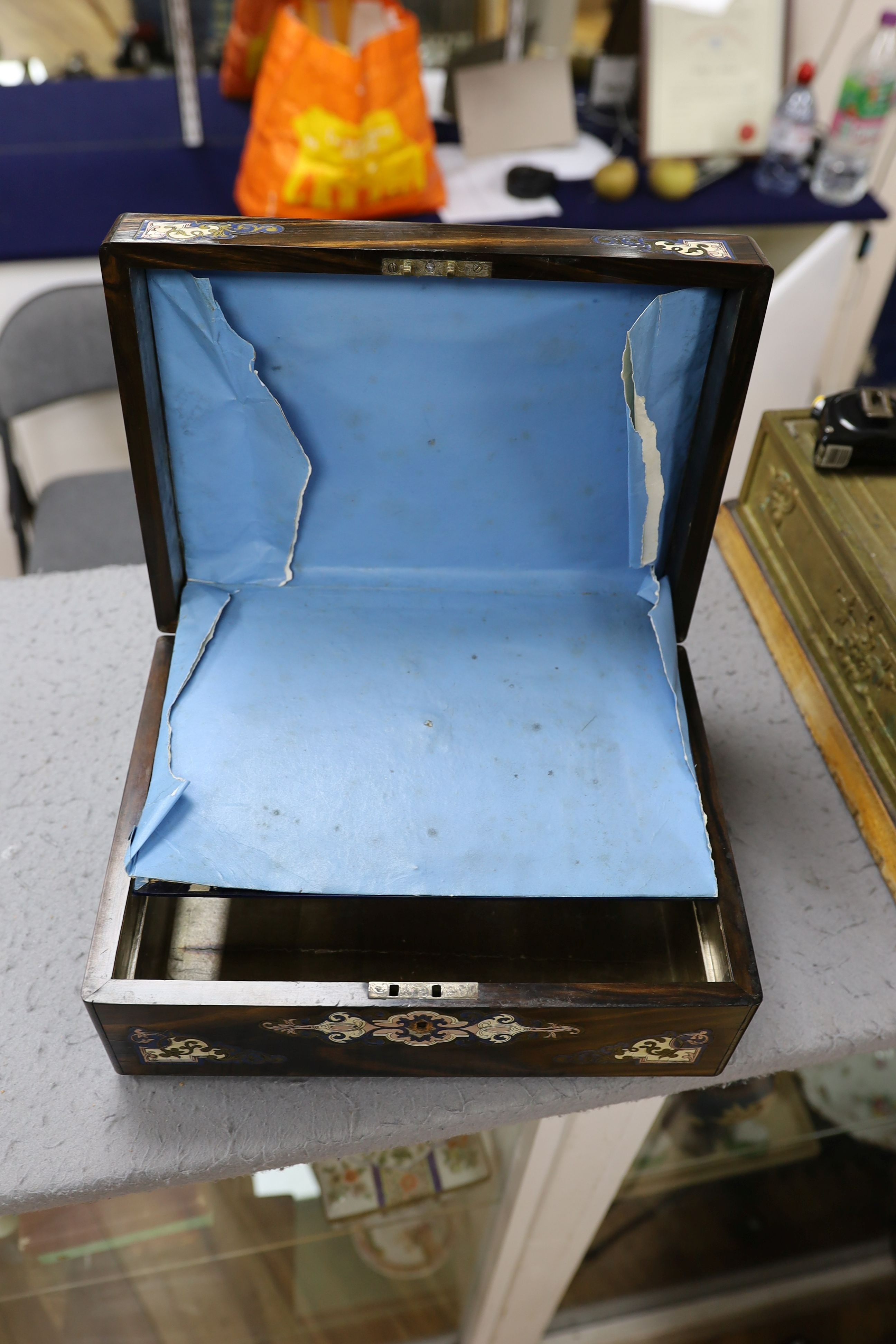 A French rosewood brass inlay and enamelled box, interior missing, 31 cms wide x 12 cms high